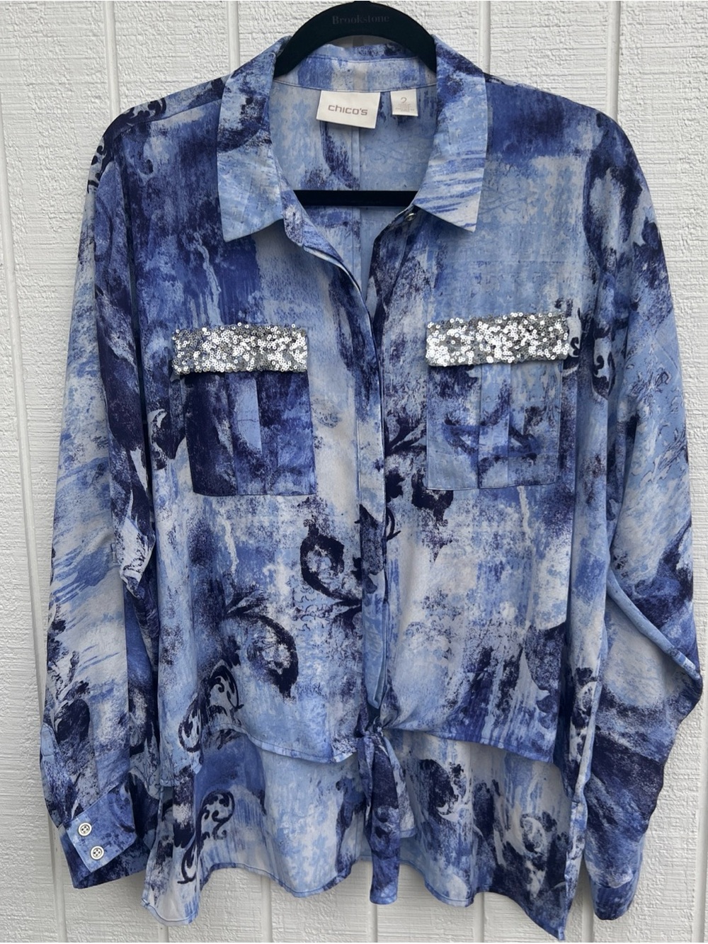 Chico's Blouse Women's Size L Sequins Abstract Artsy Tie Front Purple Chico's 2